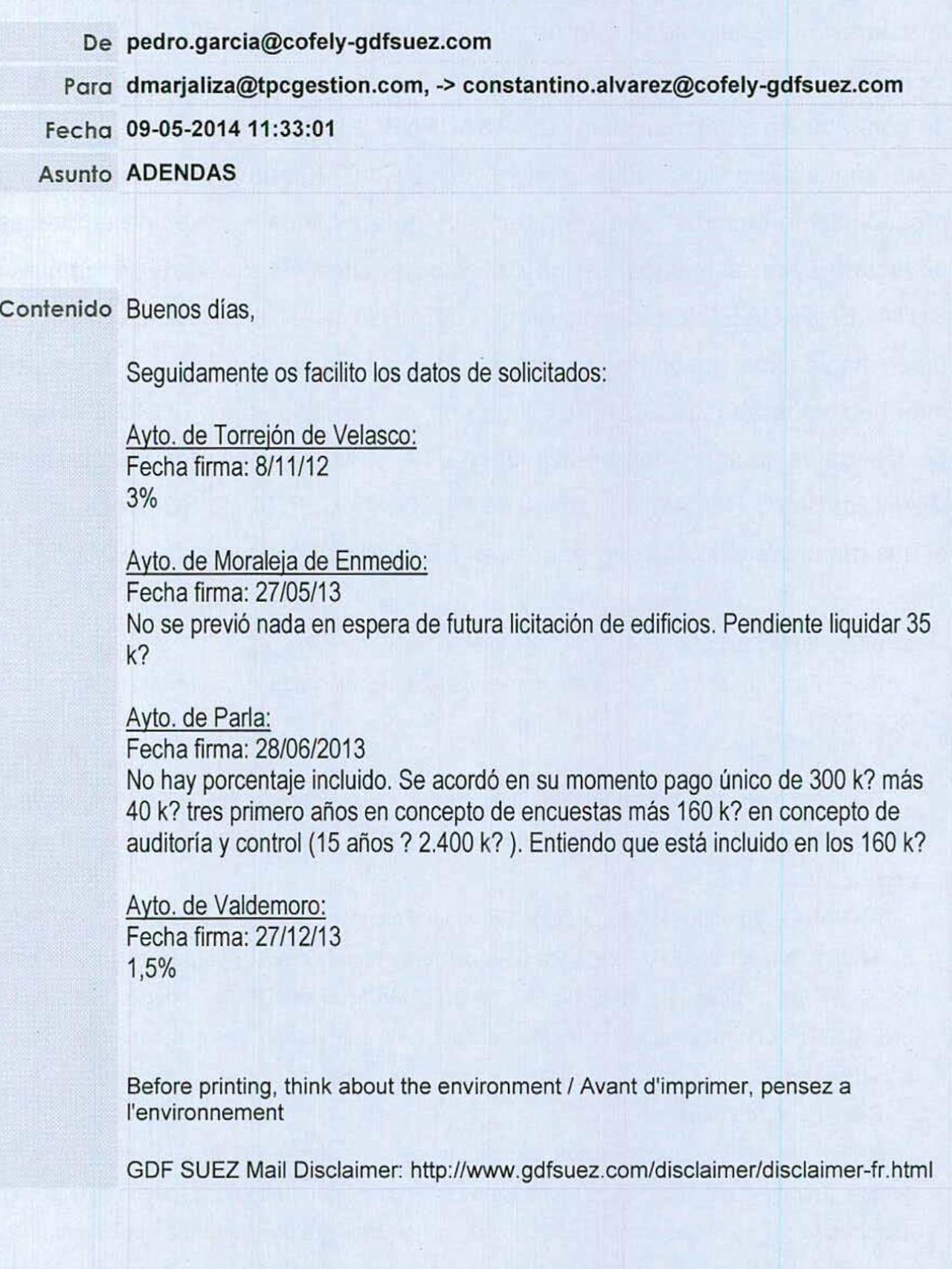 Según la UCO, este correo alude a comisiones que habría pagado Cofely.