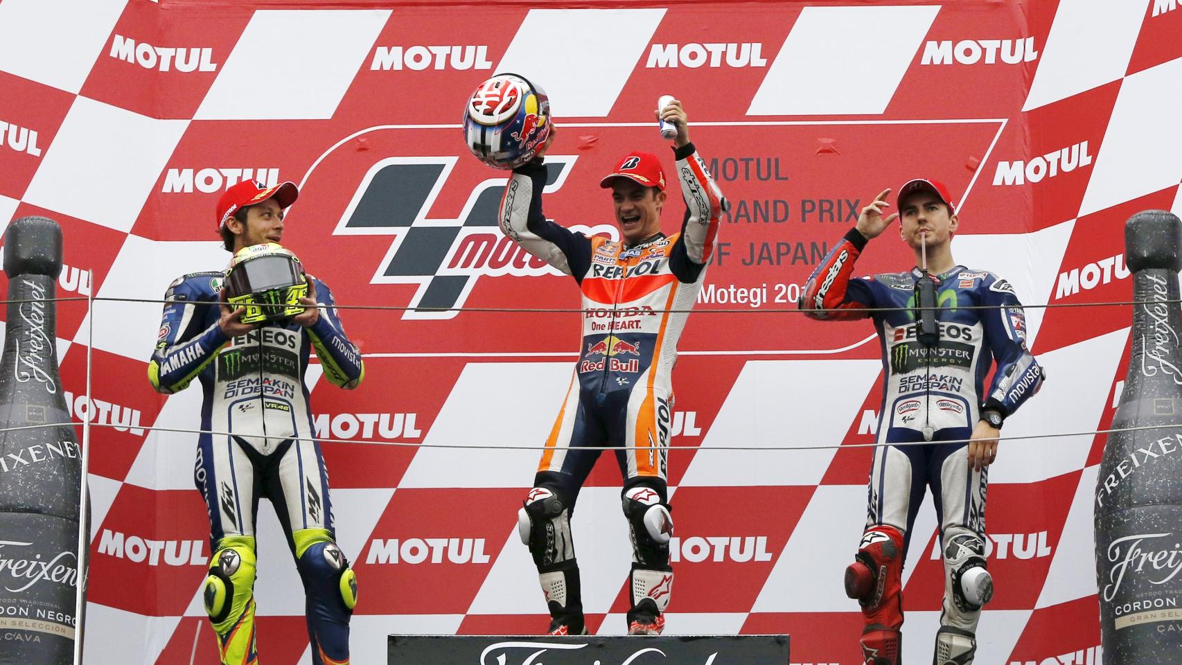 Podio del Gran Premio de Japón, con Pedrosa campeón.