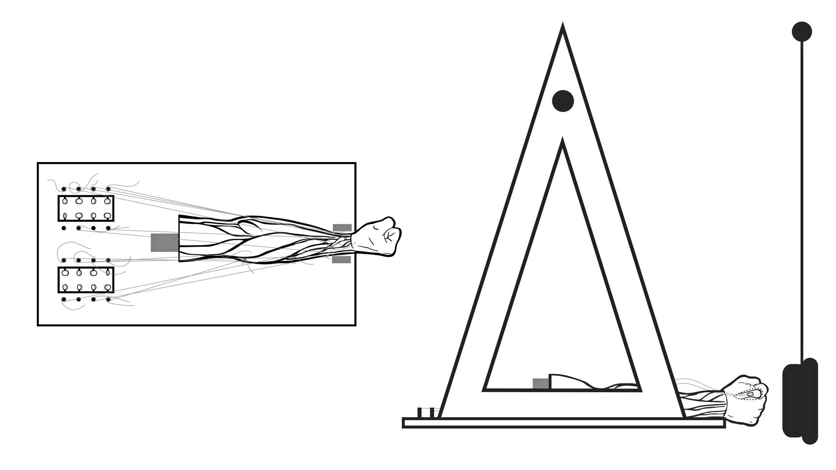 Esquema del aparato creado para probar con brazos de cadáveres.