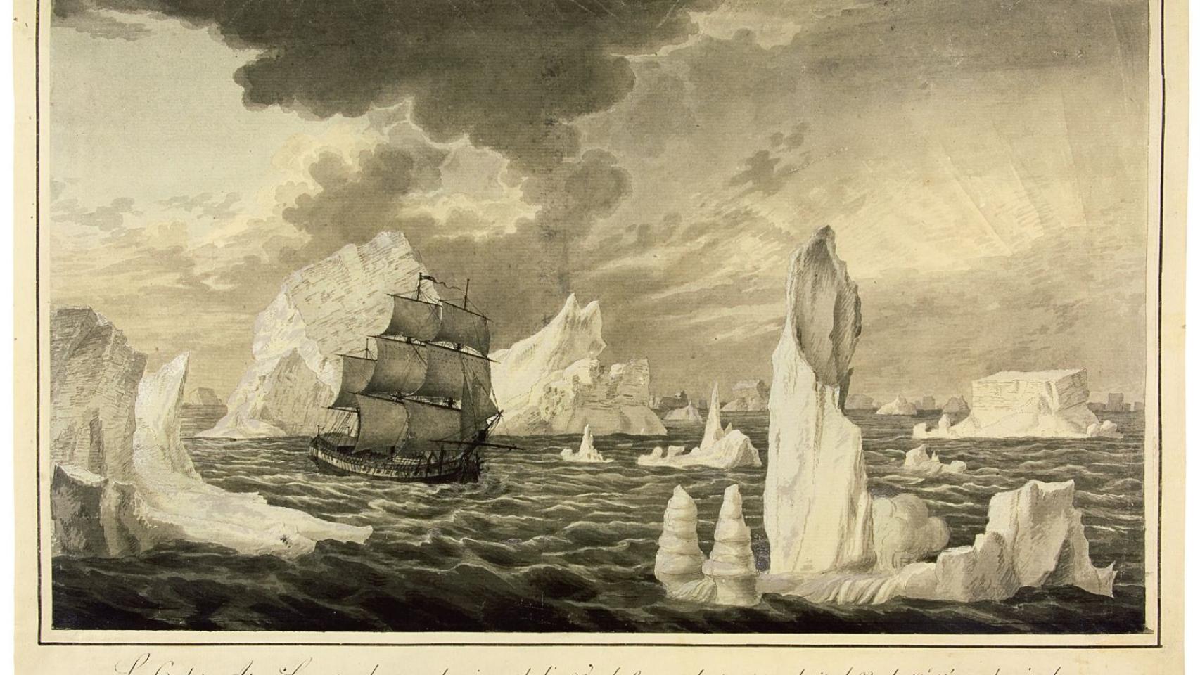 Detalle de un grabado con la corbeta la Atrevida, en 1794