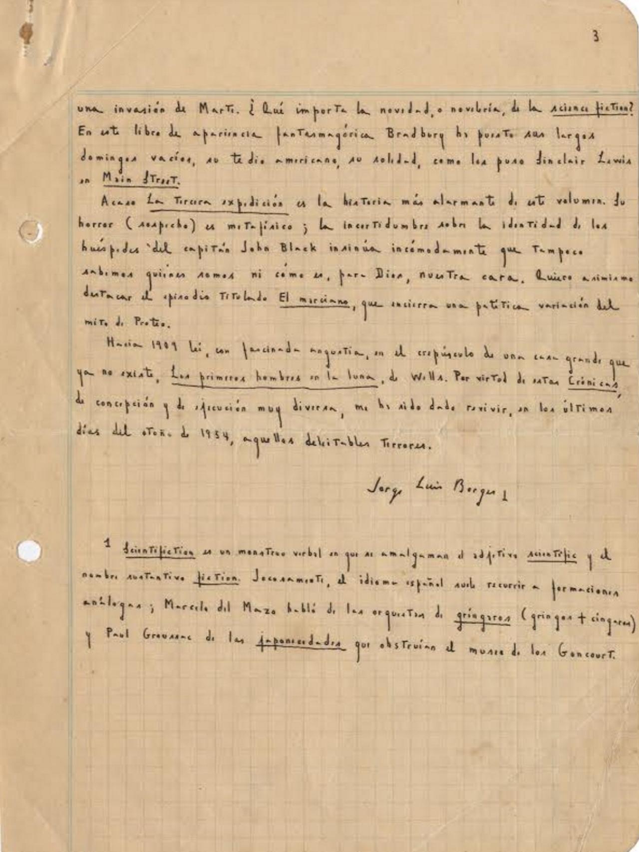 El manuscriot de Borges del prólogo de la traducción de Crónicas Marcianas.