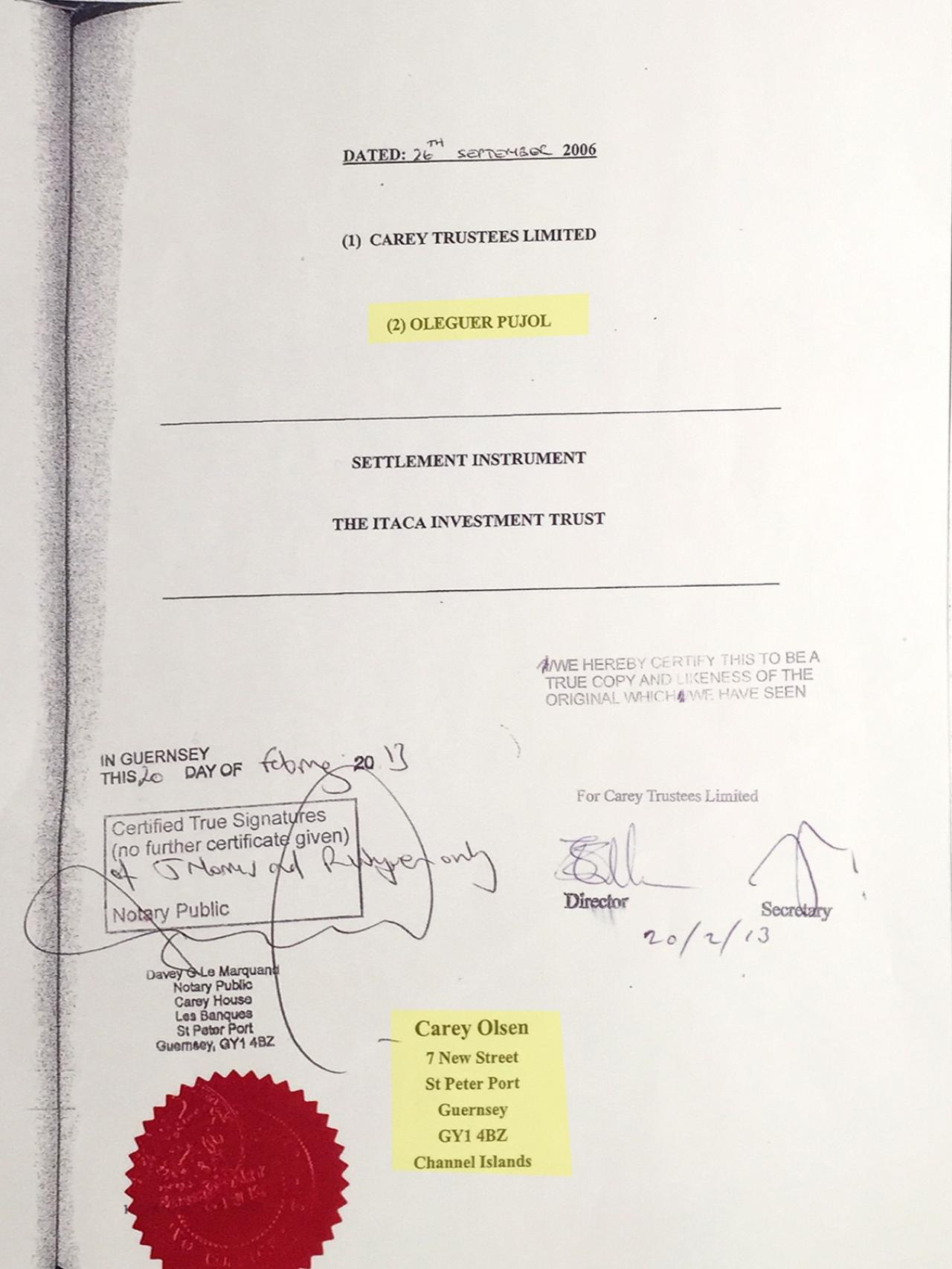 Contrato de fiducia entre Oleguer Pujol y una de las empresas de Carey Olsen