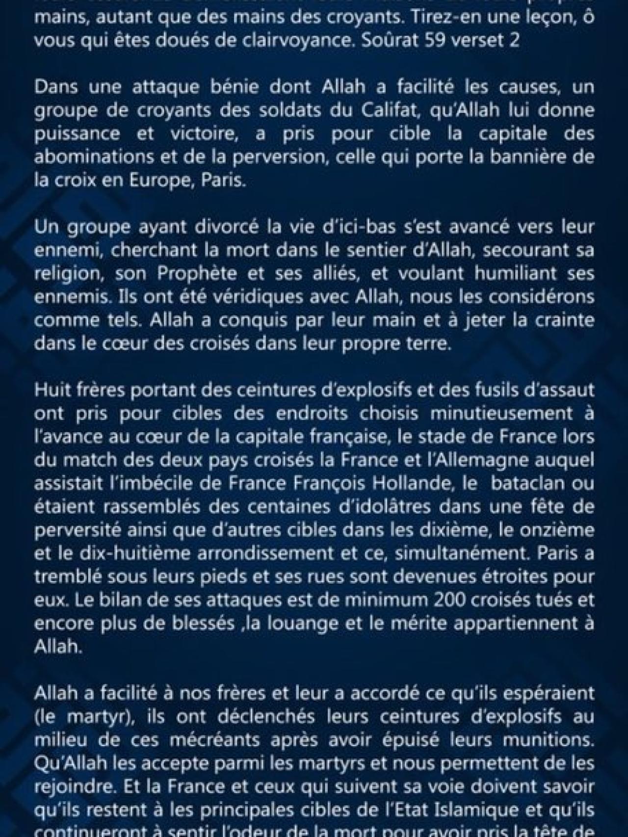 Comunicado del Estado Islámico reivindicando los atentados del 13N