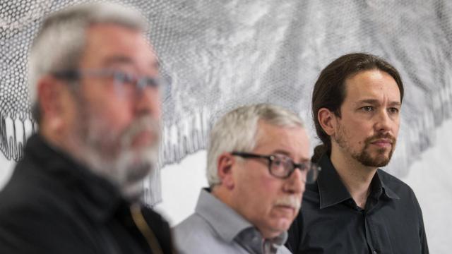 Pablo Iglesias en su reunión con Méndez y Toxo.