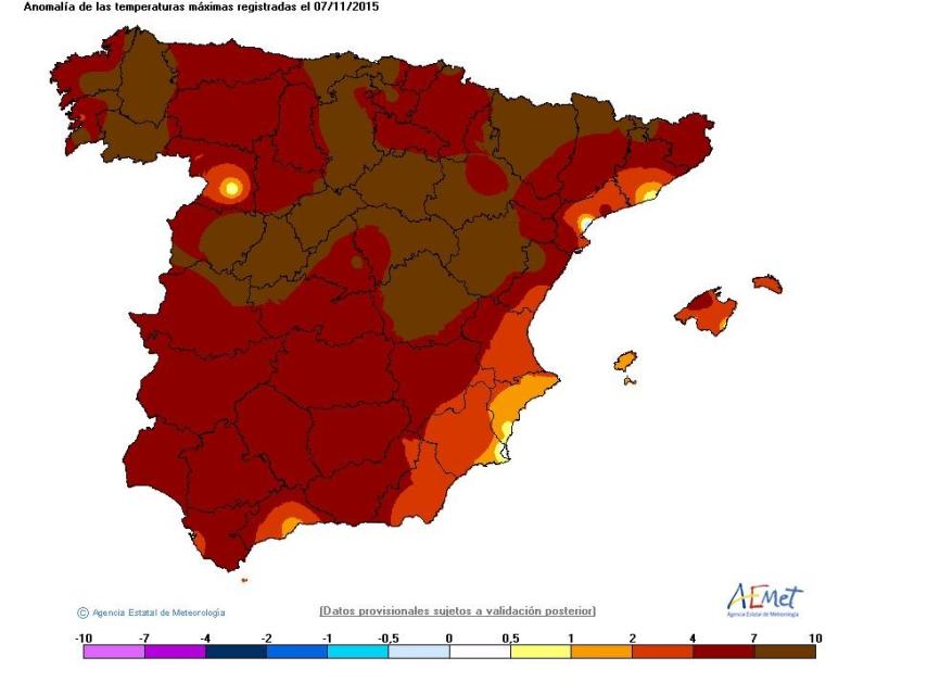 Temperaturas máximas del día 7 de noviembre de 2015.