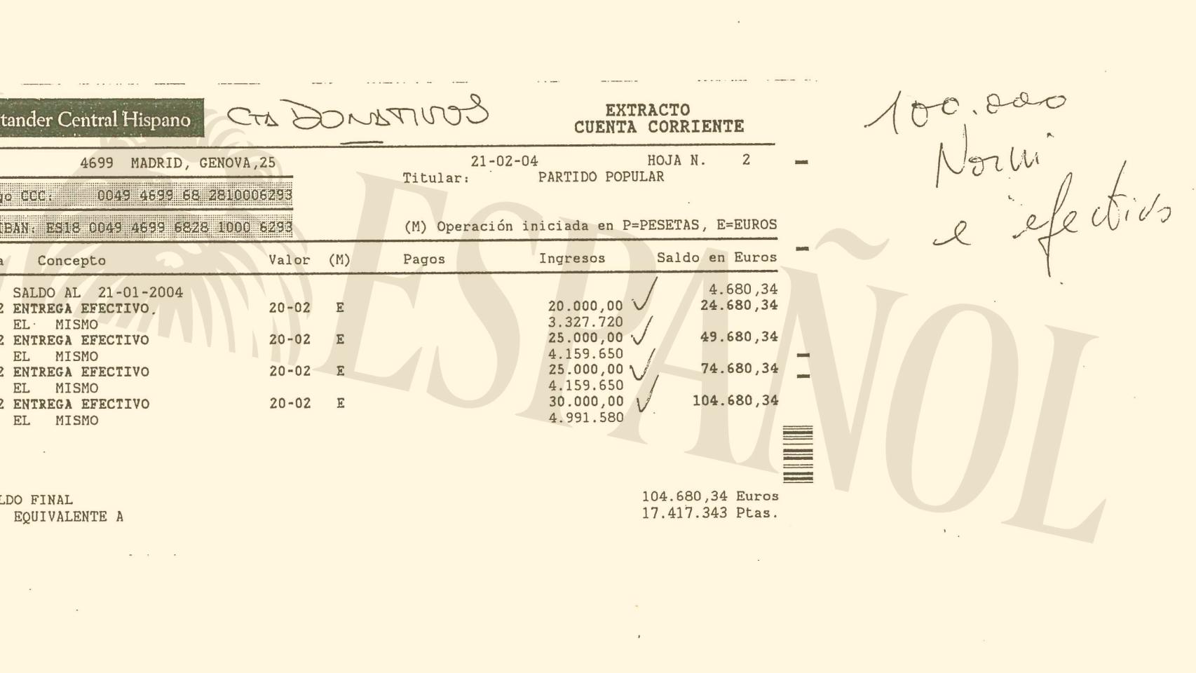 Extracto bancario de la cuenta de donativos del PP.