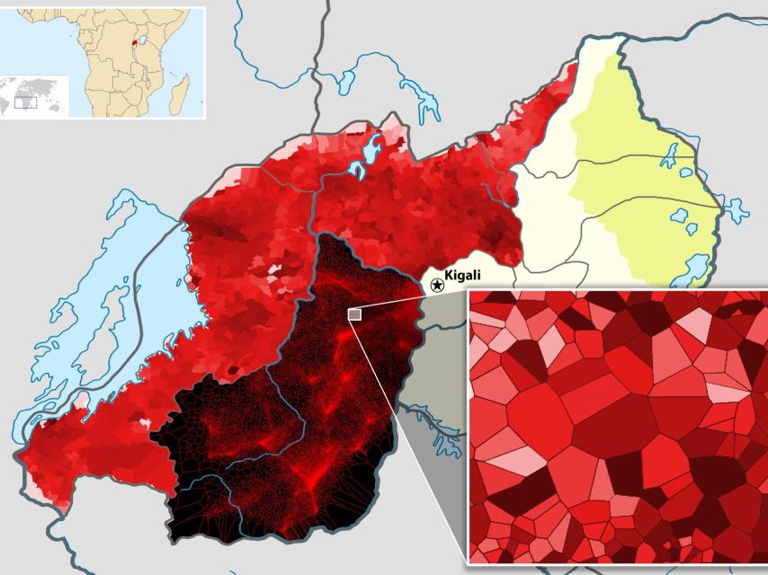 Distribución de las antenas en Ruanda. A más oscuridad, más riqueza.