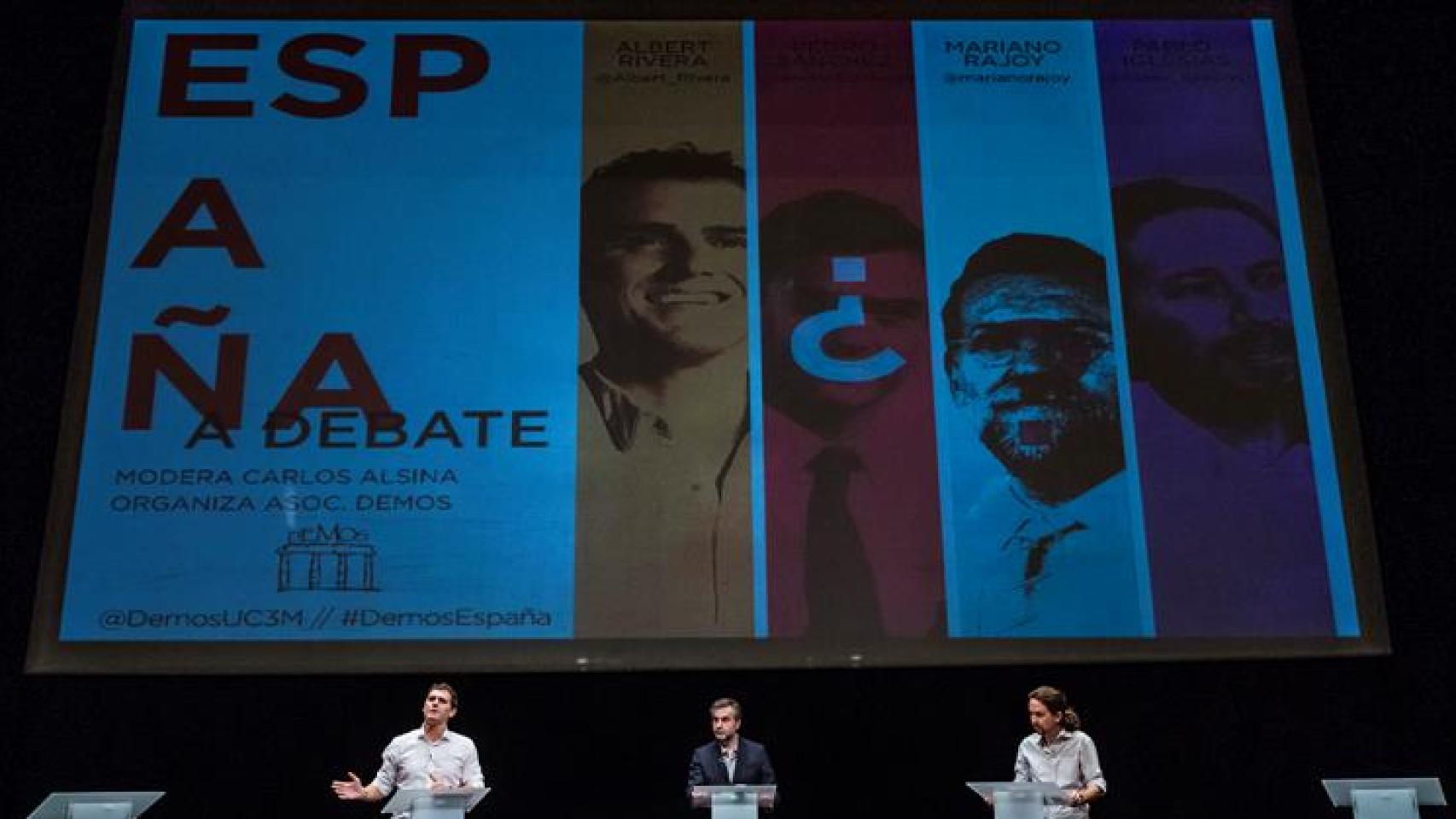 Albert Rivera, Carlos Alsina y Pablo Iglesias durante el debate electoral.