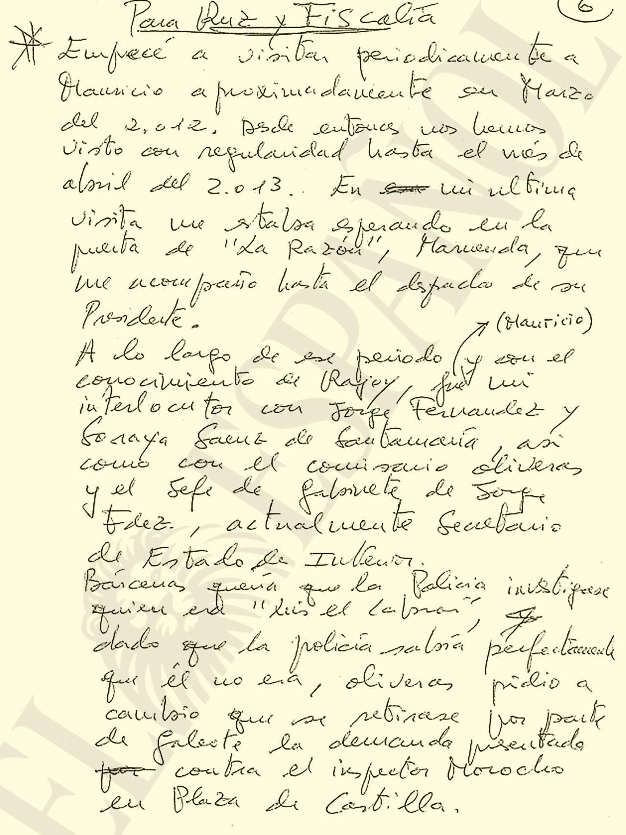 Carta manuscrita de Bárcenas a la Audiencia Nacional.