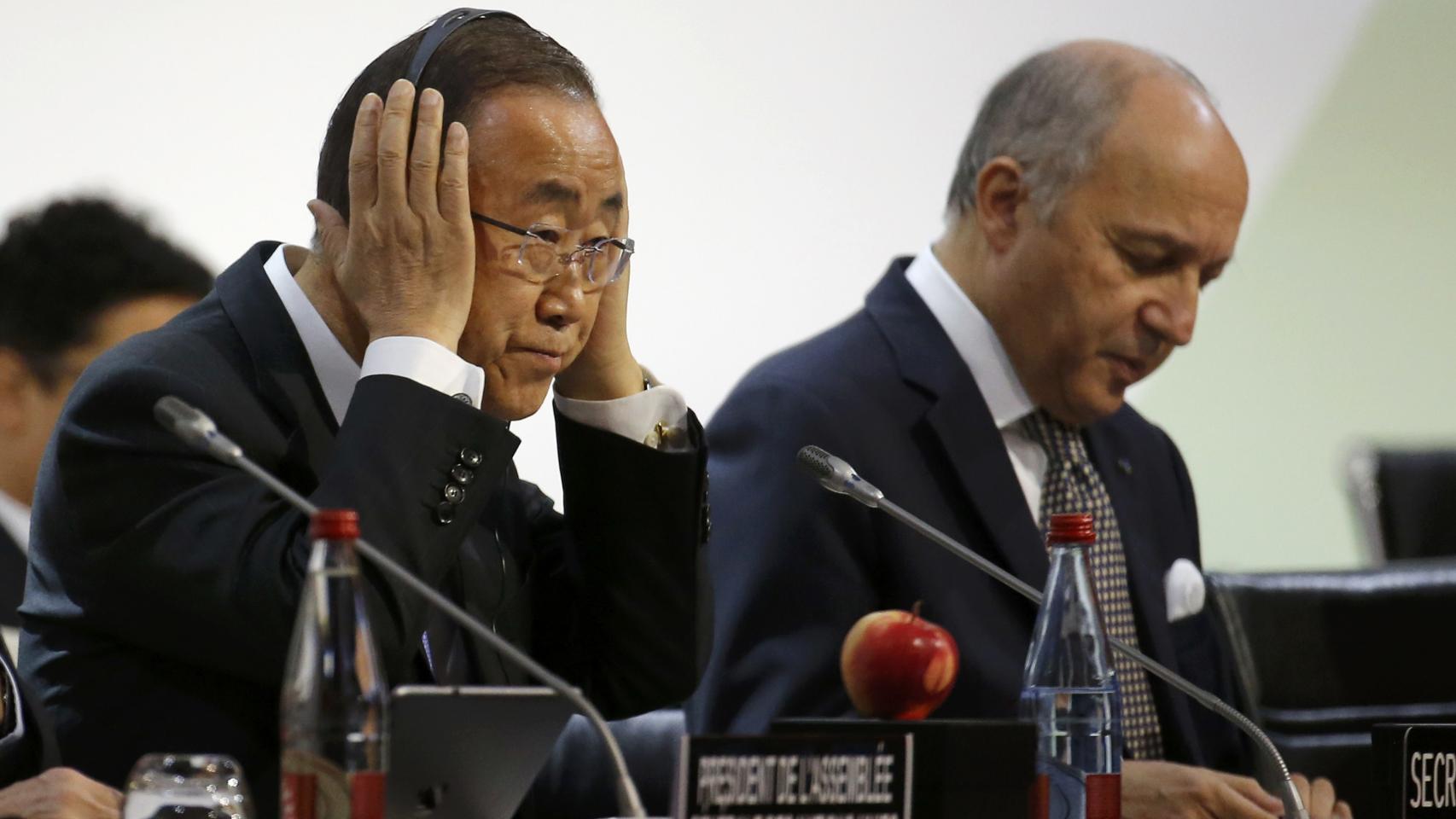 Ban Ki Moon y Laurent Fabius, hoy en París.