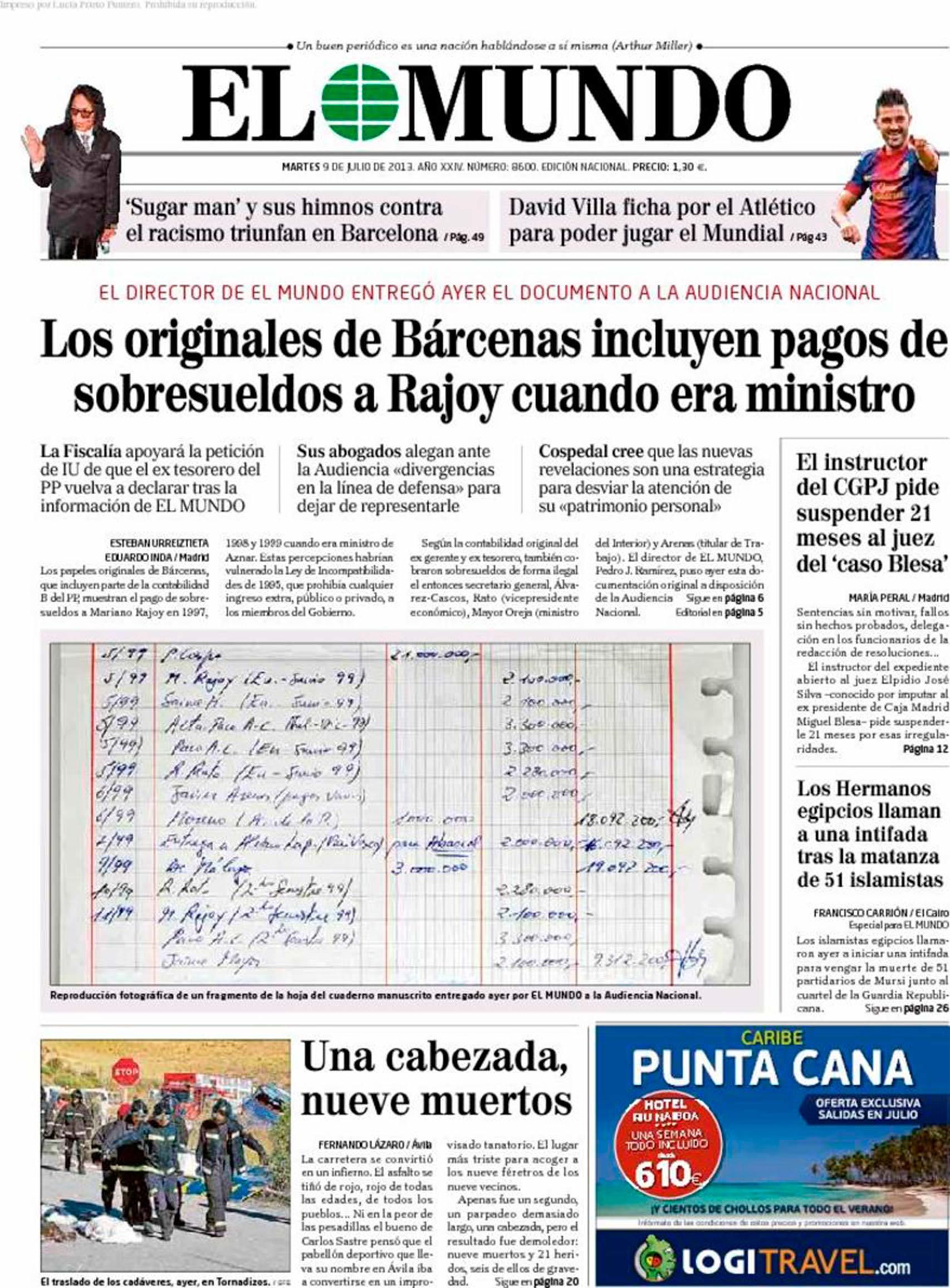 Portada de El Mundo con las anotaciones de Bárcenas.