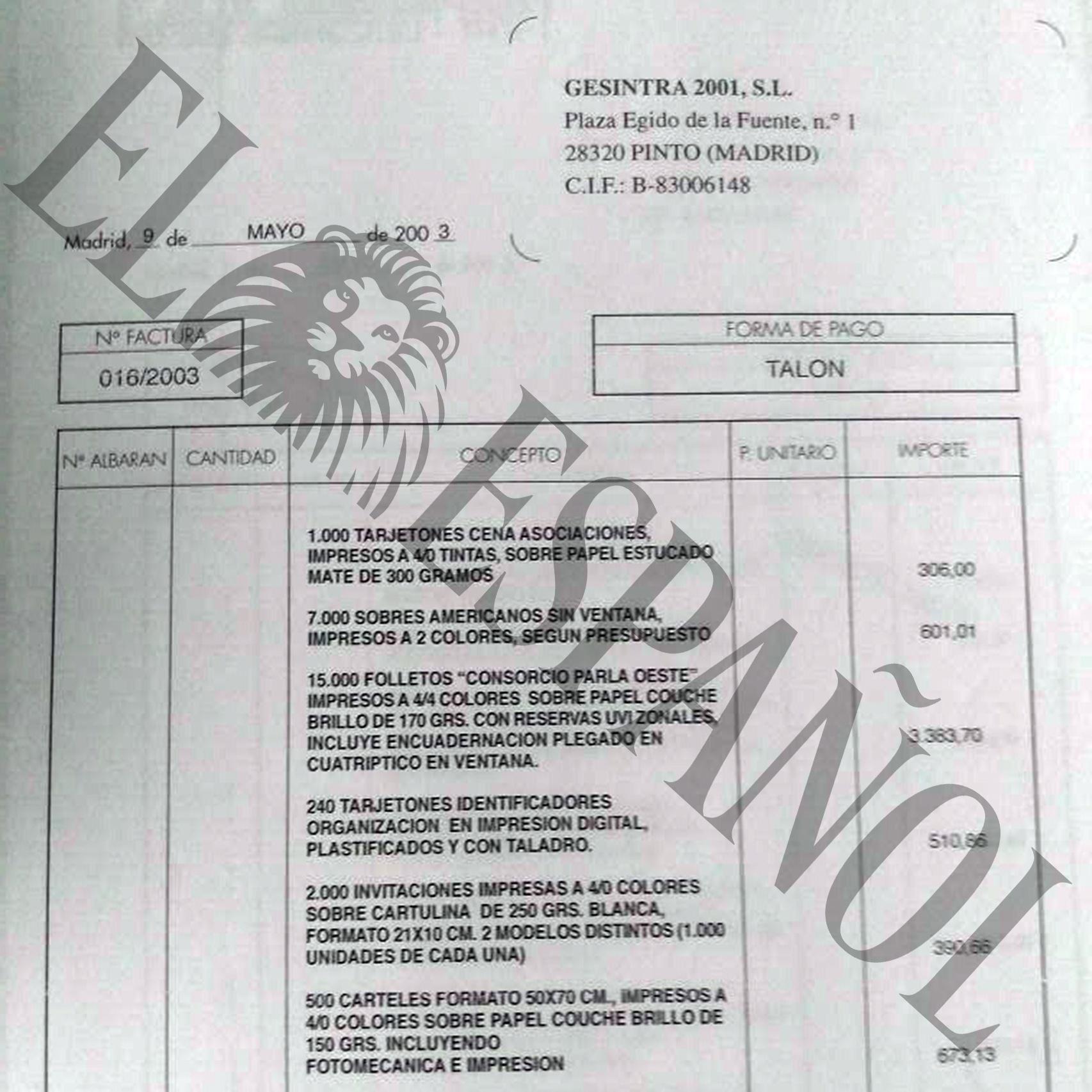 Factura pagada por Gesintra 2001 SL por la impresión de tarjetas, tarjetones...
