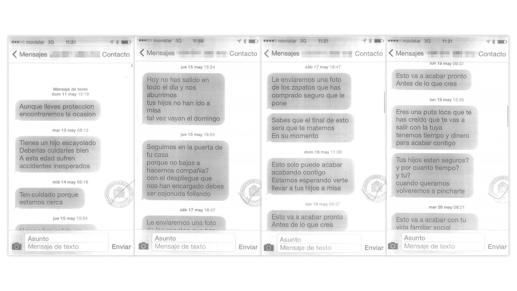 Mensajes amenazantes recibidos por la doctora Pinto.