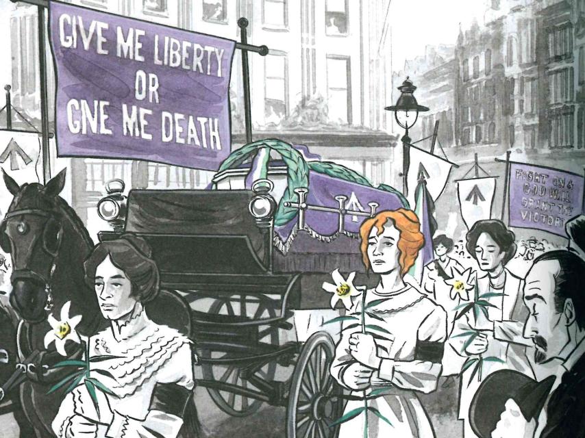 Una viñeta de la novela gráfica Sally Heathcote. Sufragista