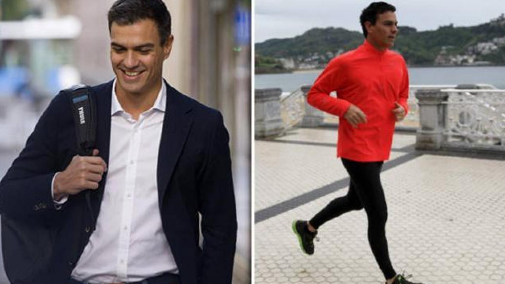 Sánchez con su inseparable mochila y mientras hace running por San Sebastián