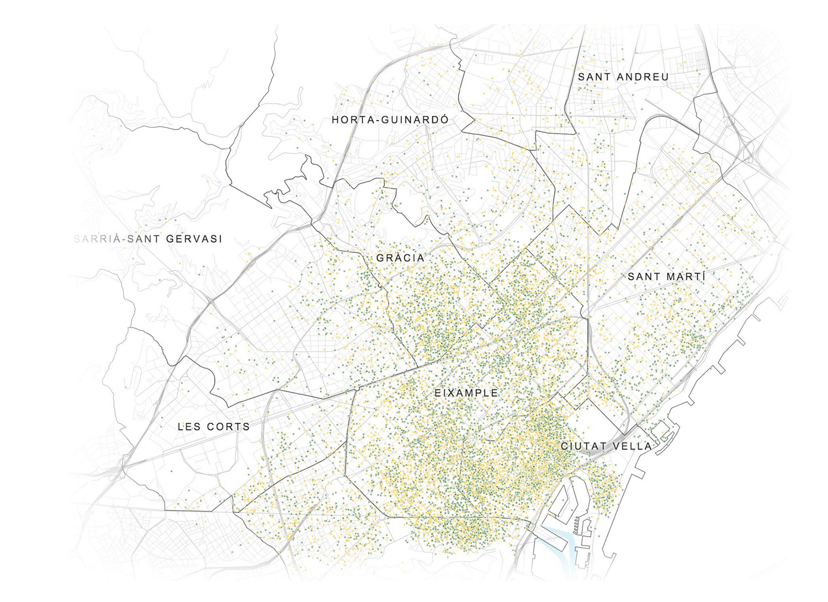 Localización de la oferta de Airbnb en Barcelona en octubre de 2015