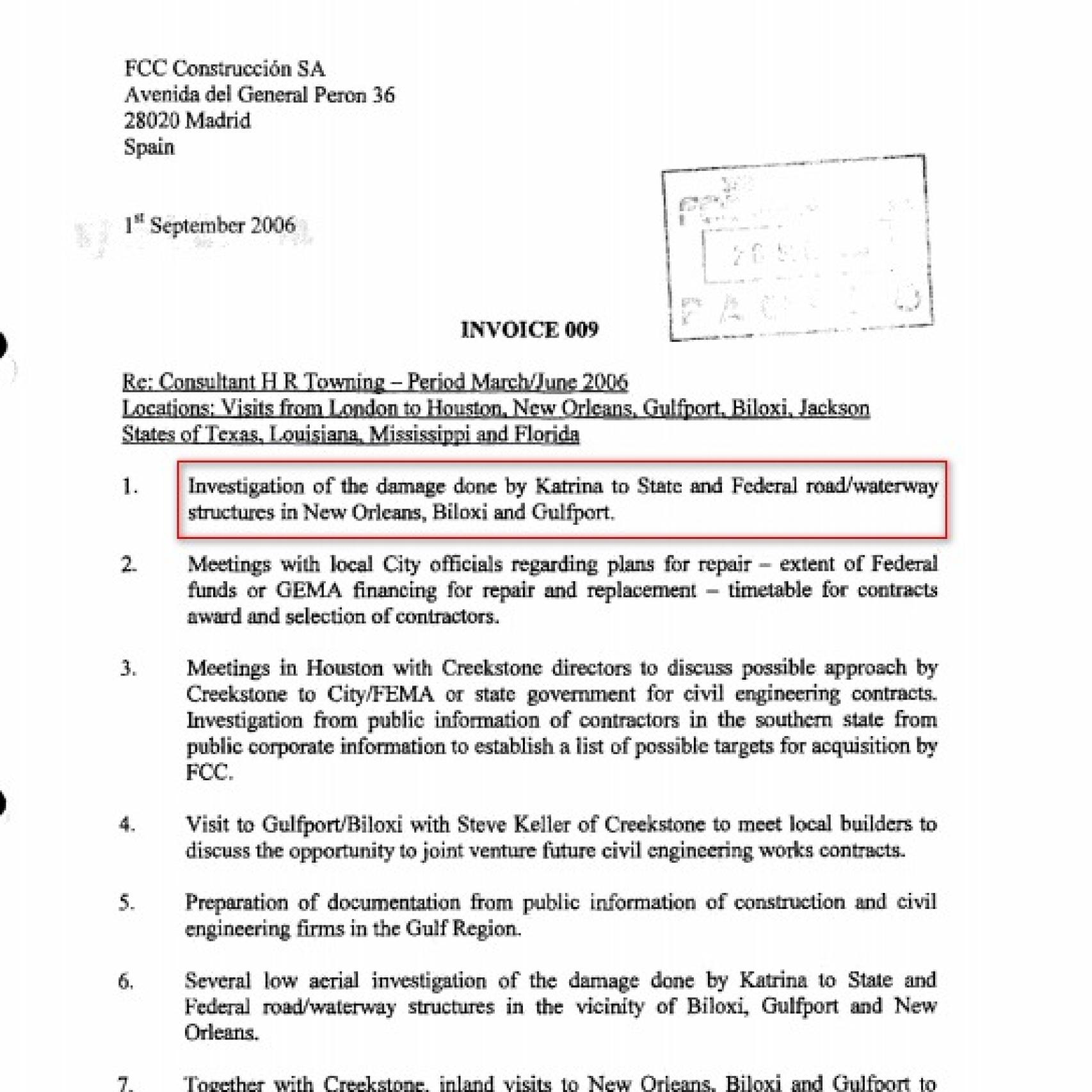 Factura de 35.000 dólares de Brantridge a FCC por investigar los daños del Katrina.