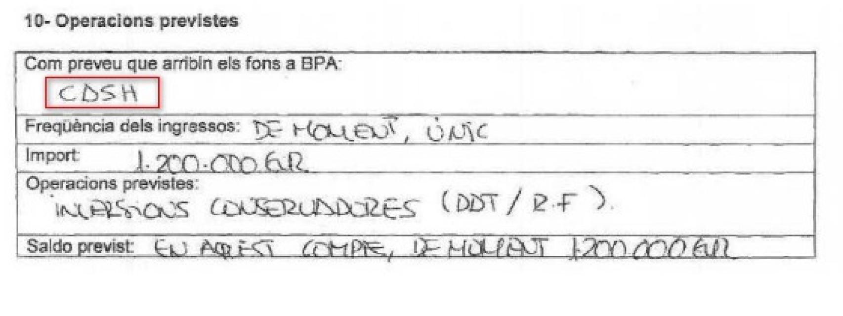 Ficha de apertura de la cuenta, donde Pujol Jr. refleja que el dinero llegará en efectivo.