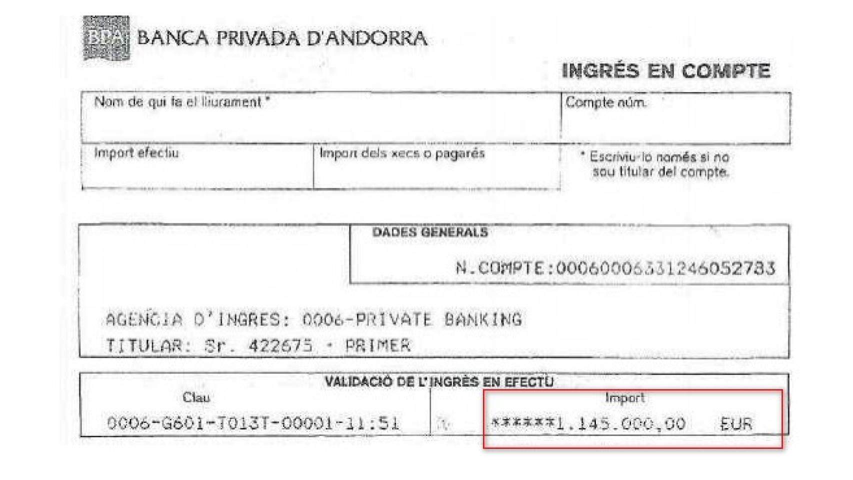 Ingreso de 1,1 millones en efectivo realizado en una cuenta del BPA andorrano.