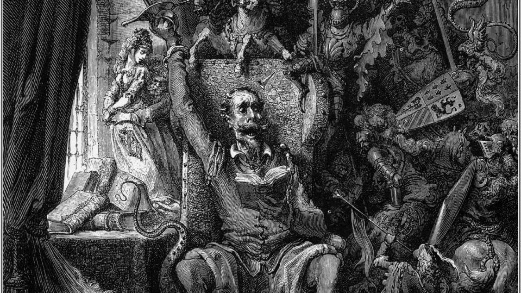 Don Quijote, entre sus libros, en la edición ilustrada por Doré de 1863