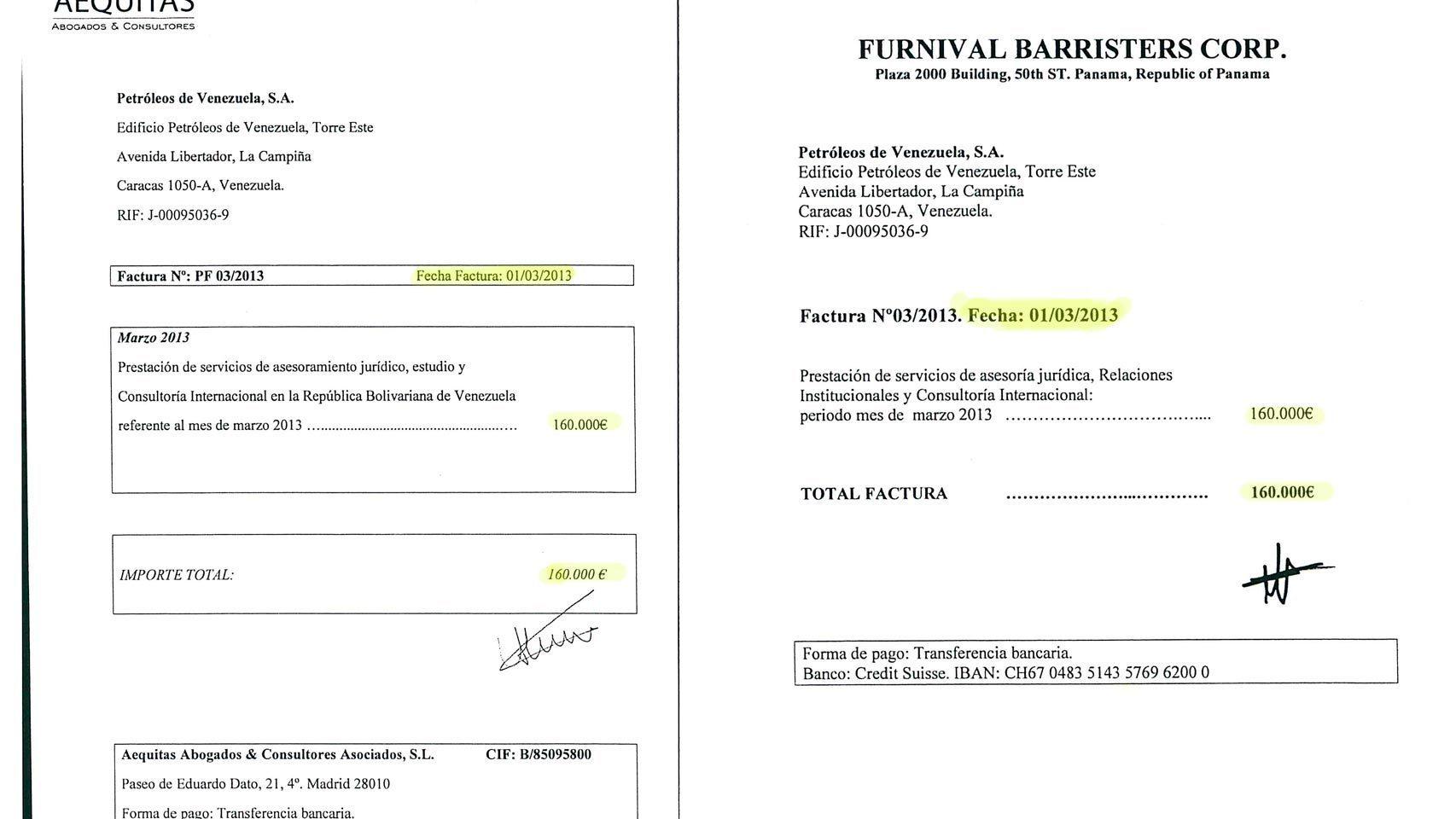 Facturas emitidas en la misma fecha por las dos empresas de Alejo Morodo.