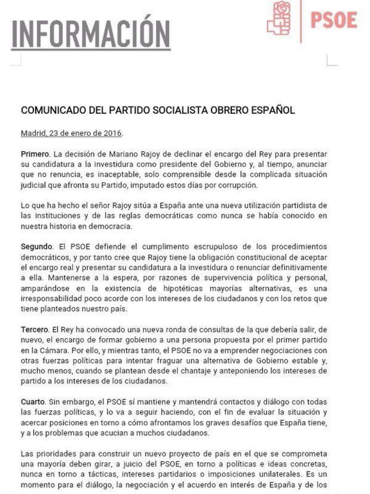 Comunicado del PSOE.
