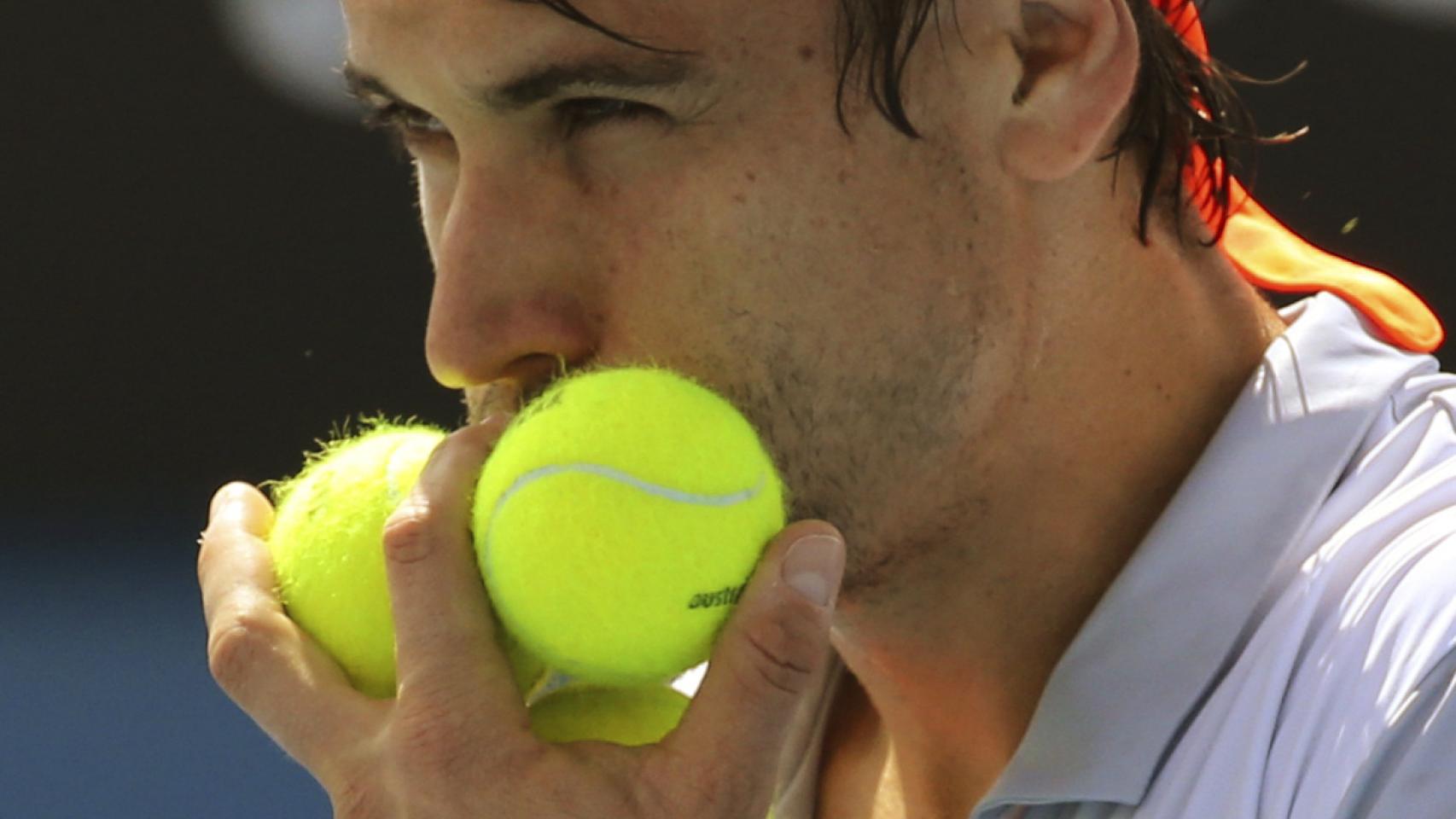 Ferrer besa unas pelotas de tenis durante su partido ante Johnson.