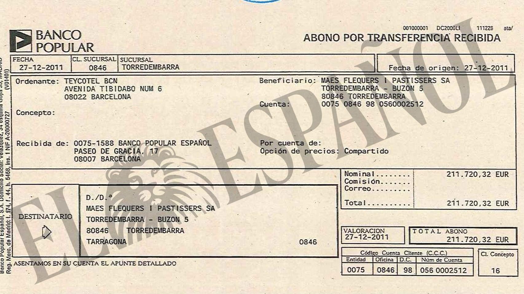 Resguardo de la transferencia enviada por Teyco al alcalde de Torredembarra.