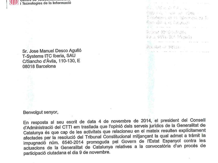 Contestación del director del CTTI a T-Systems tras la suspensión de la consulta