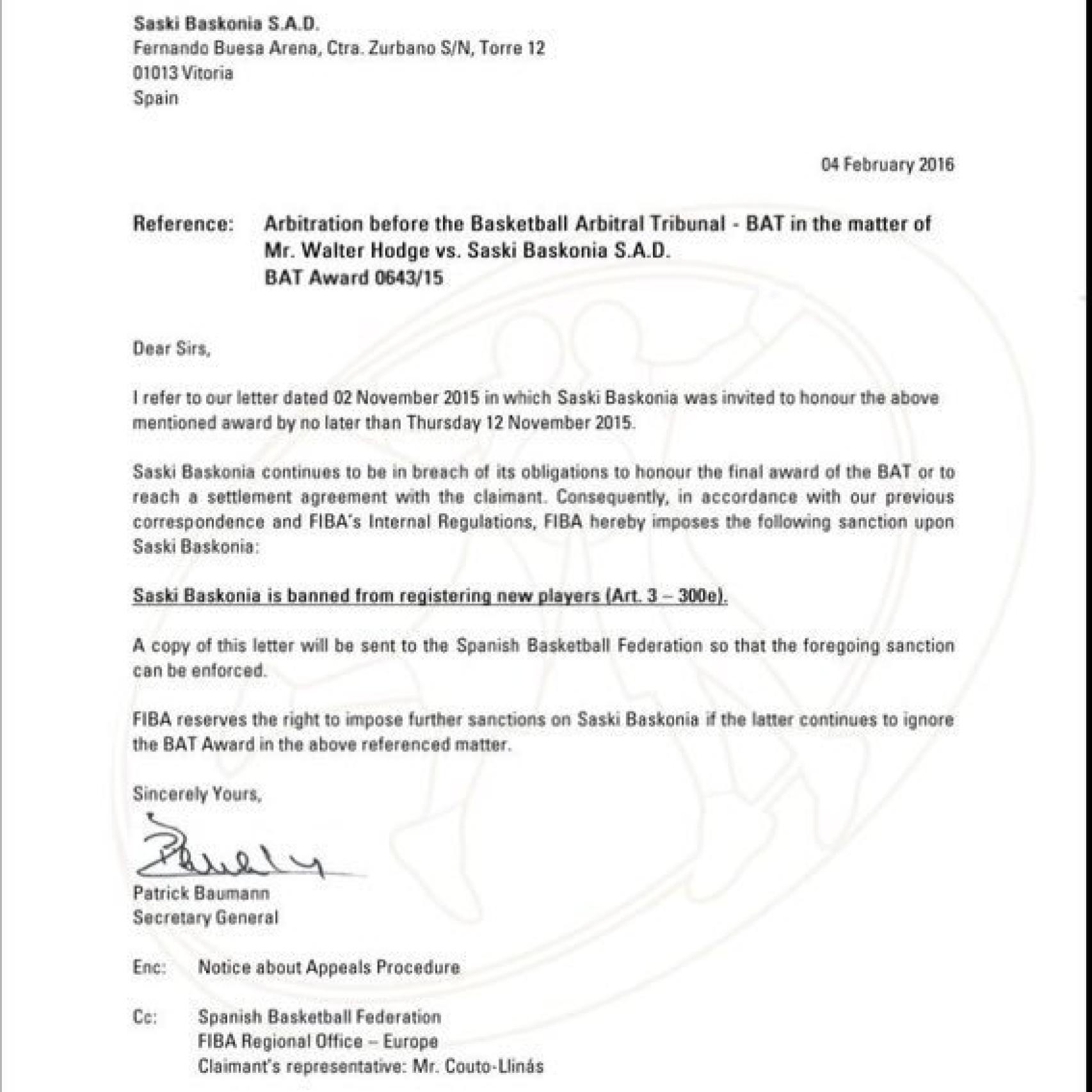 Escrito remitido por FIBA Europa al Saski BAskonia.