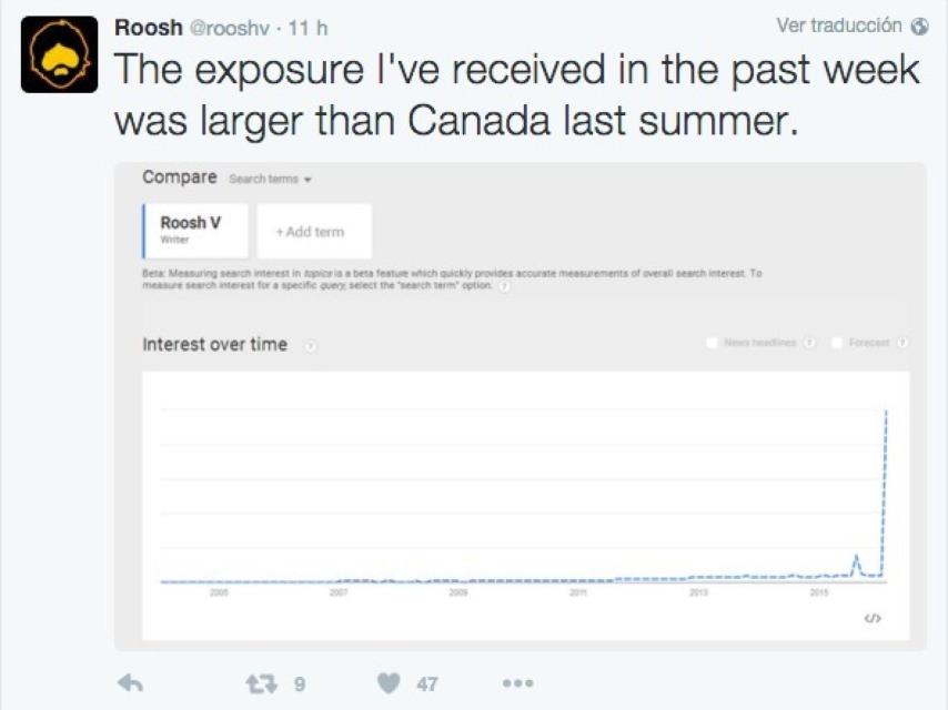 Roosh presume del incremento de búsquedas de su nombre en internet.