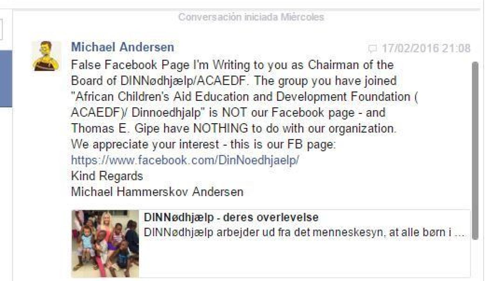 El mensaje de Michael Andersen advirtiendo del engaño.