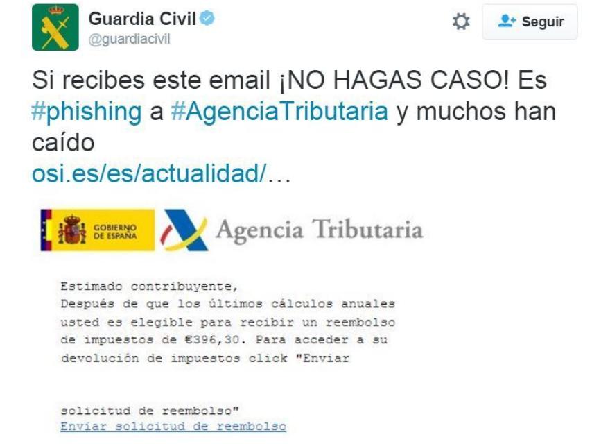 El correo fraudulento de la Agencia Tributaria detectado por la Guardia Civil.