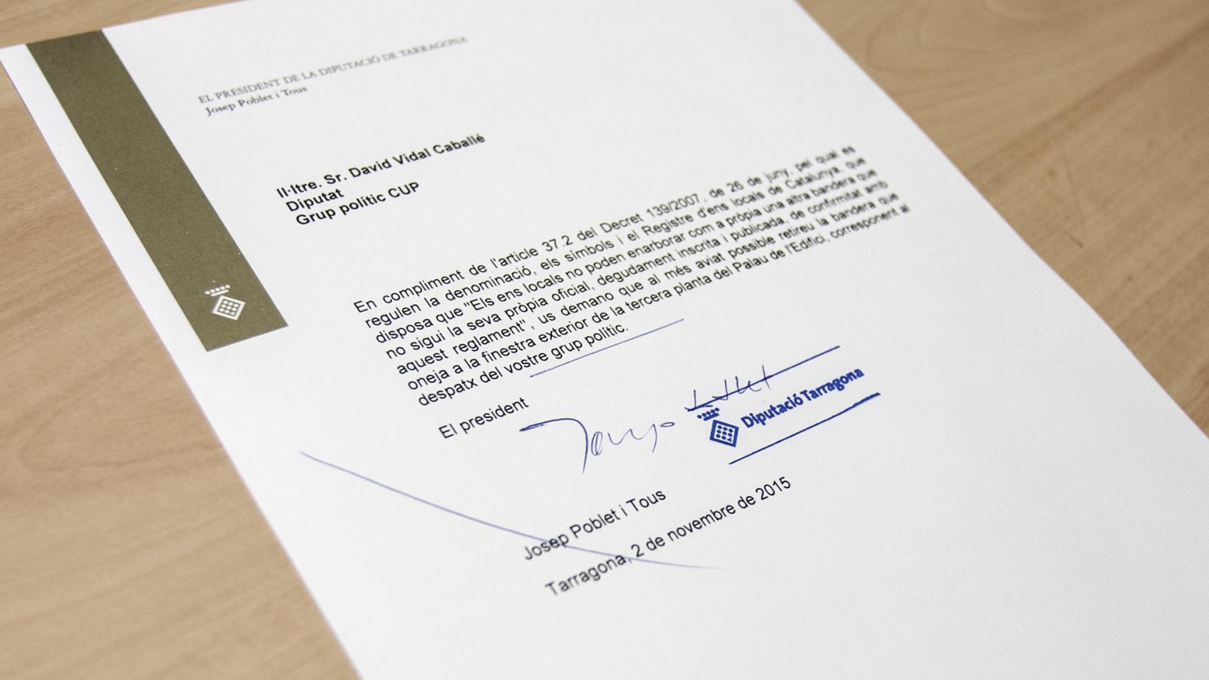 La carta enviada por Poblet a la CUP.