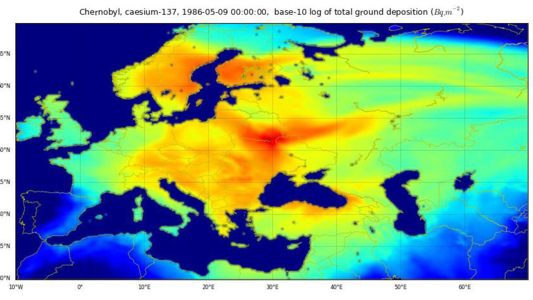 Mapa de dispersión de la radiactividad en mayo de 1986.