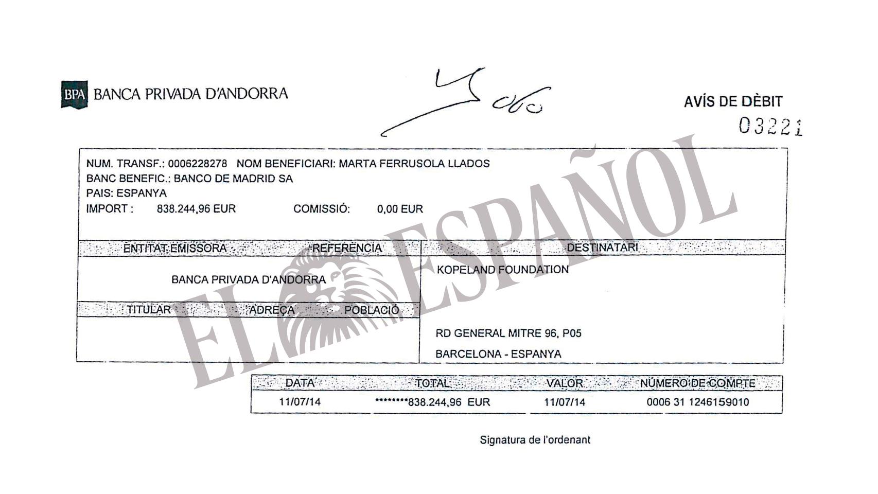 Resguardo del dinero guardado por Kopeland en Andorra.