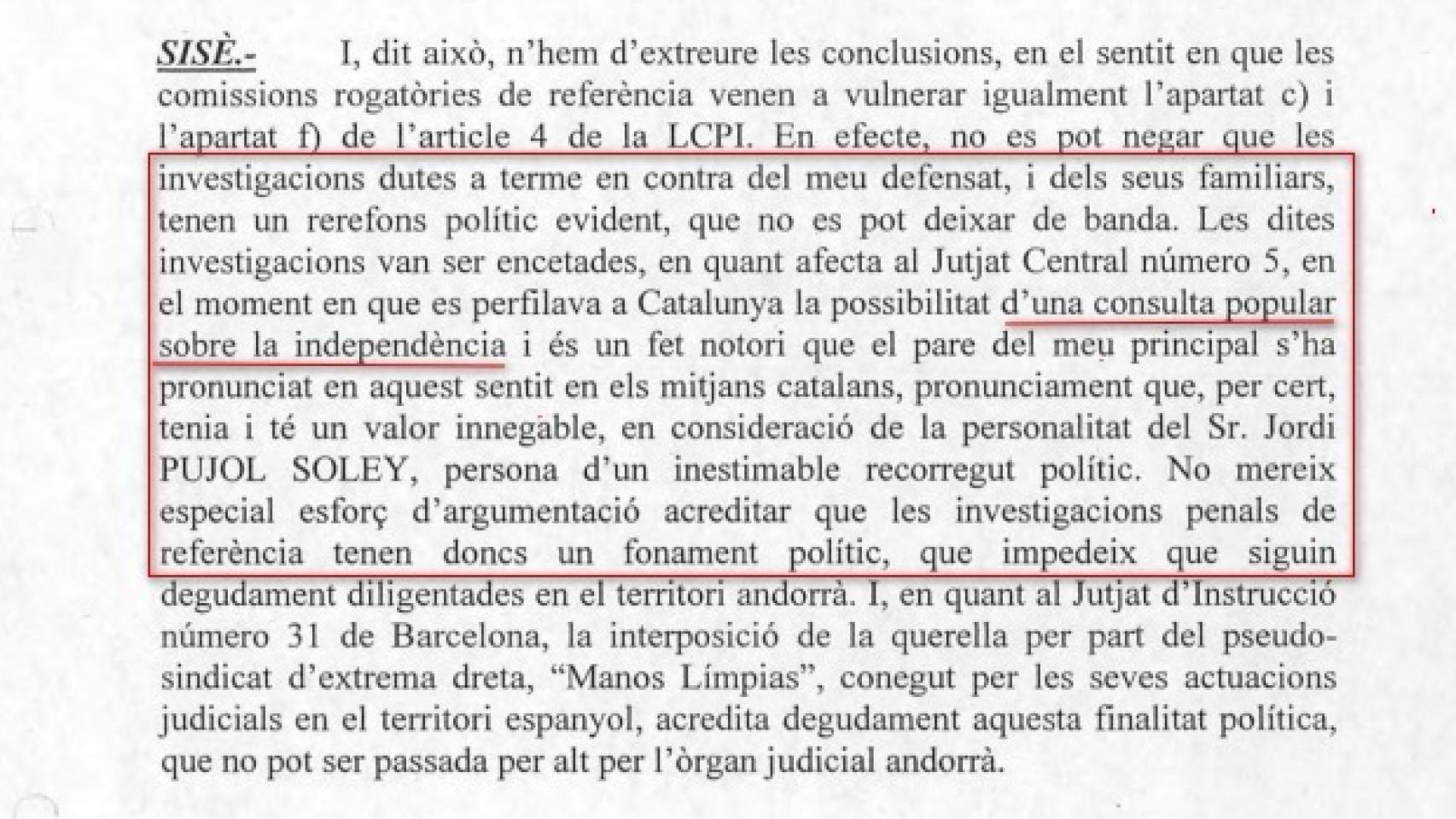 Fragmento del escrito presentado por los Pujol en Andorra.