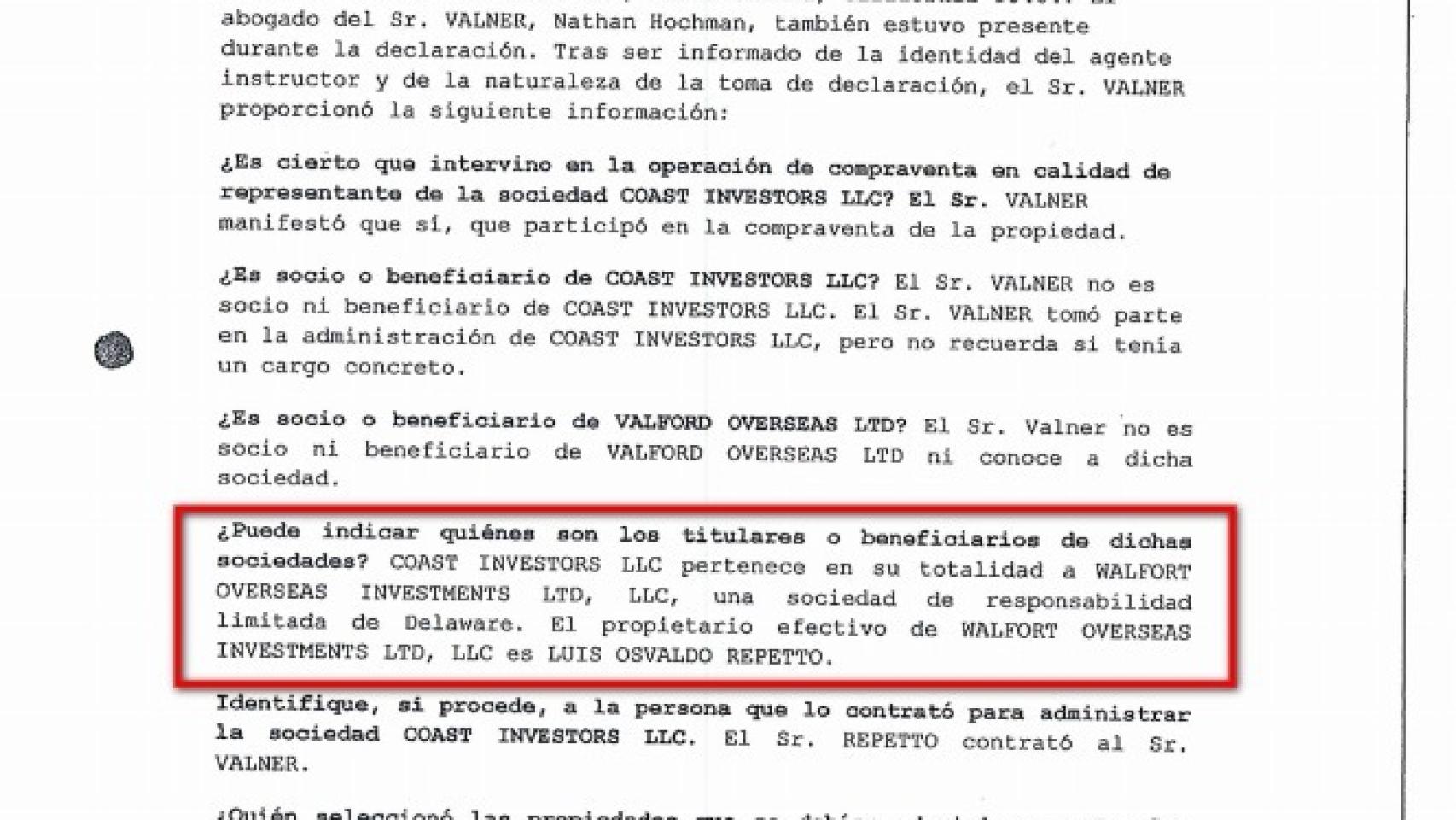 Extracto de la declaración de Rudy Valner.