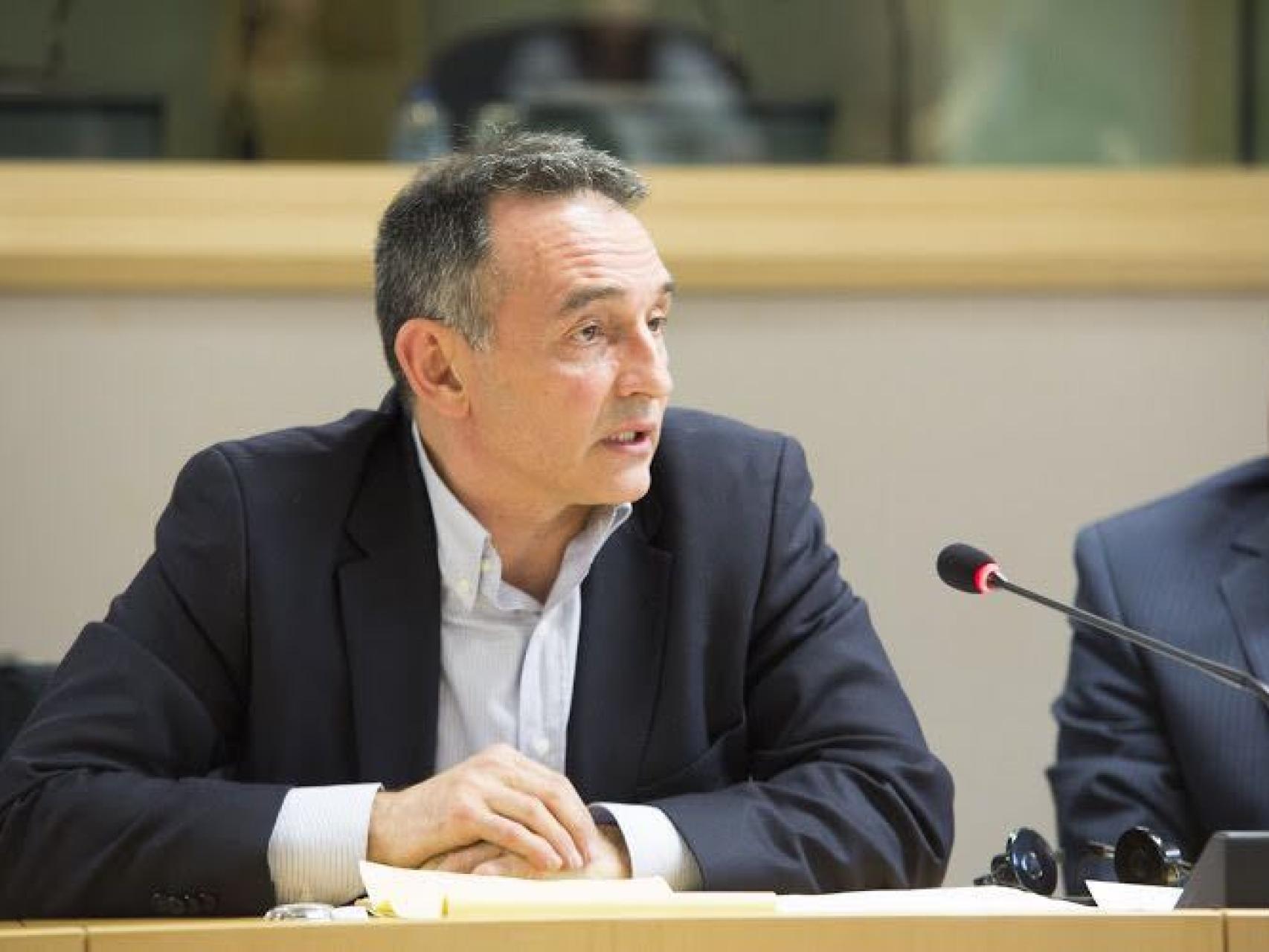 El asesor español de las FARC, durante su intervención en la Eurocámara.