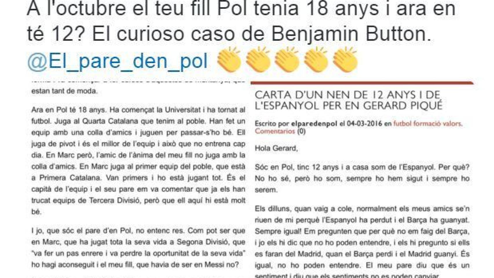 Pantallazo del tuit de Piqué respondiendo a la carta del hincha del Espanyol