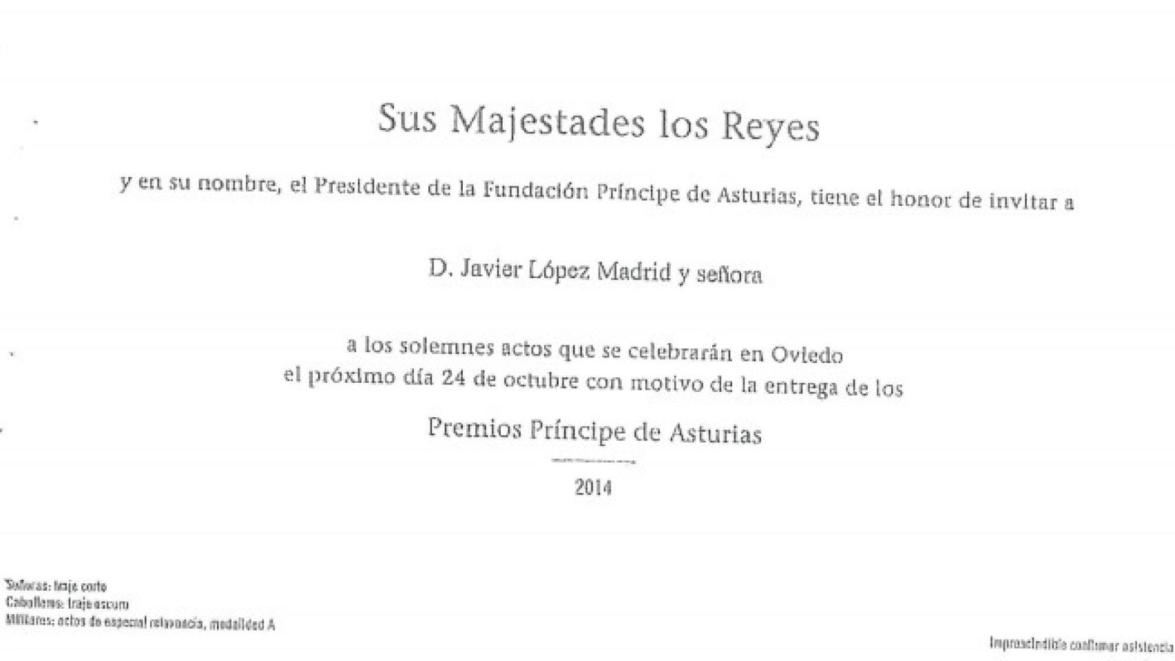 Invitación para los Premios Príncipe de Asturias.