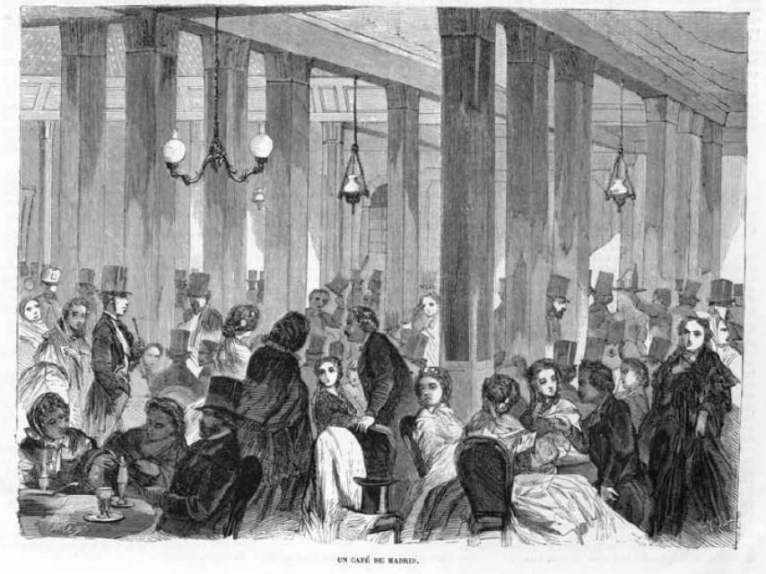 Un café de Madrid. Dibujo de Ortego (1861).