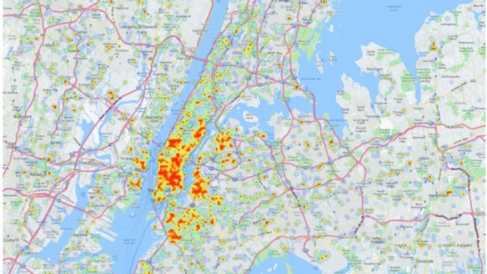 Mapa de tuiteros borrachos en 2014 en Nueva York.