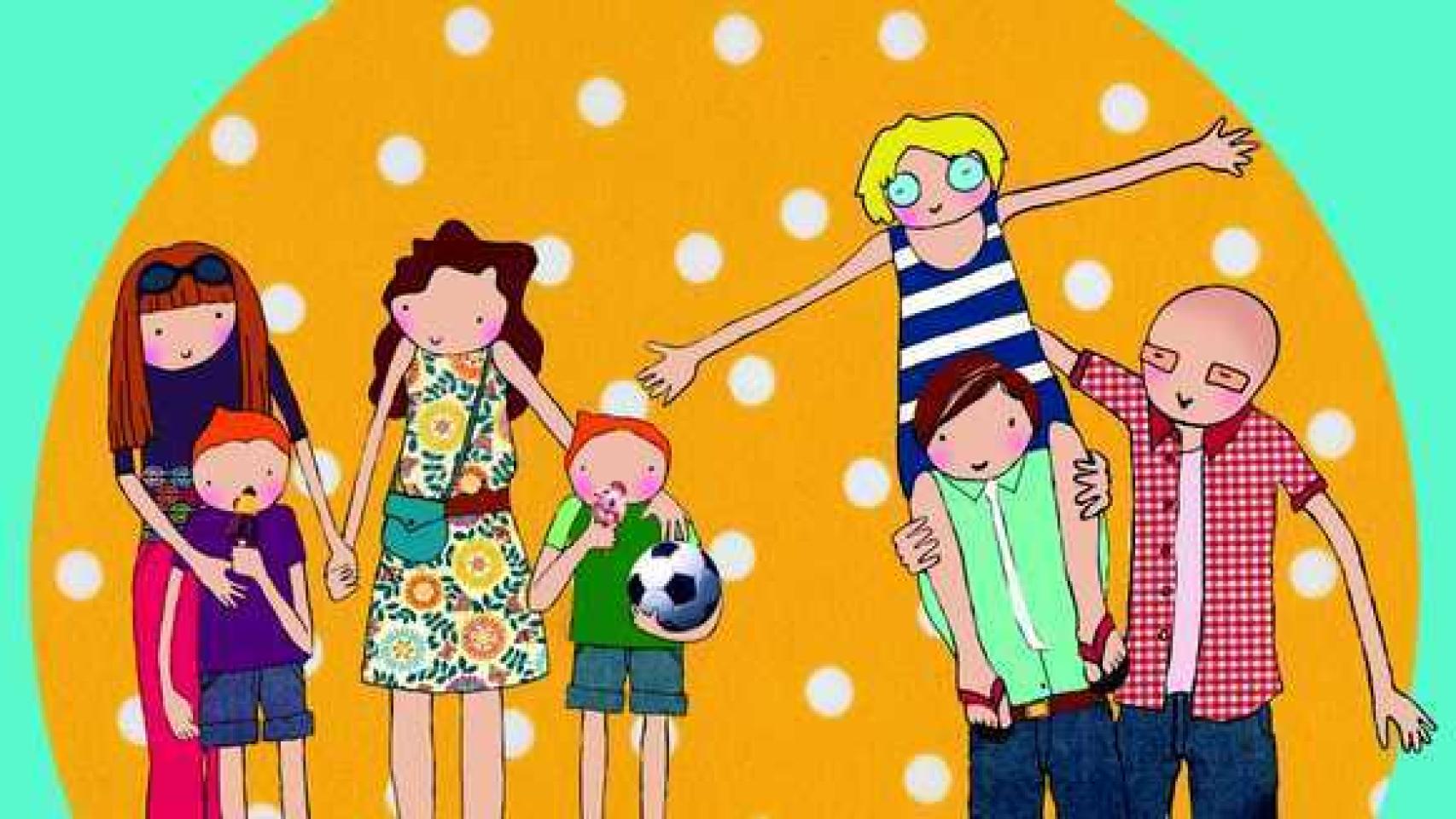 Ilustración del cuento El lapicero mágico, que cuenta las aventuras de dos familias homoparentales.