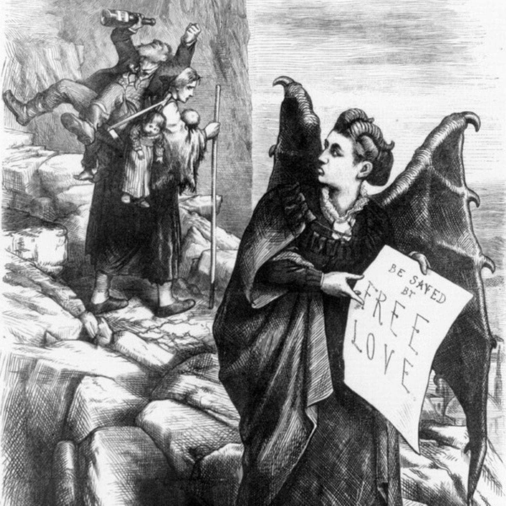 Una caricatura de Victoria Woodhull hecha por Thomas Nast, en 1872.