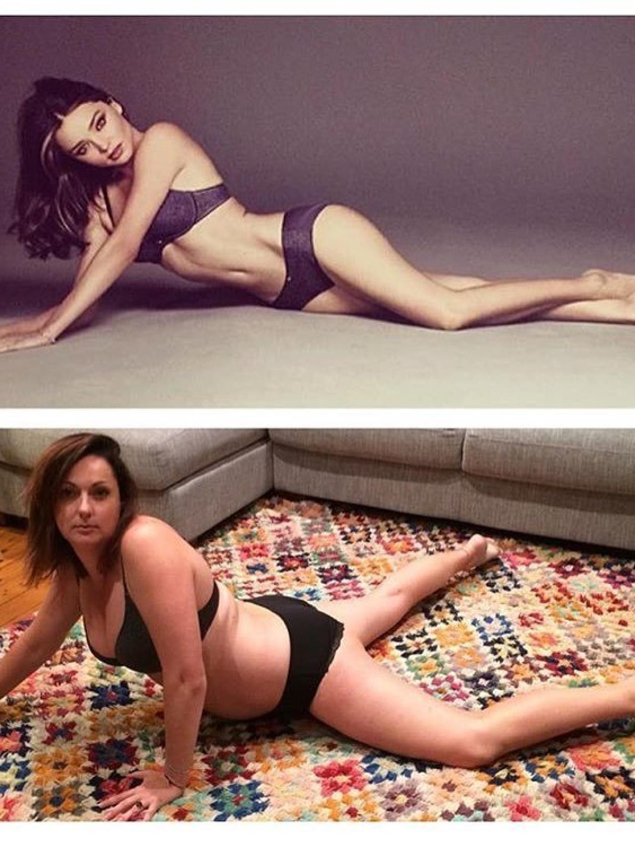 La humorista intentado imitar la pose de Miranda Kerr