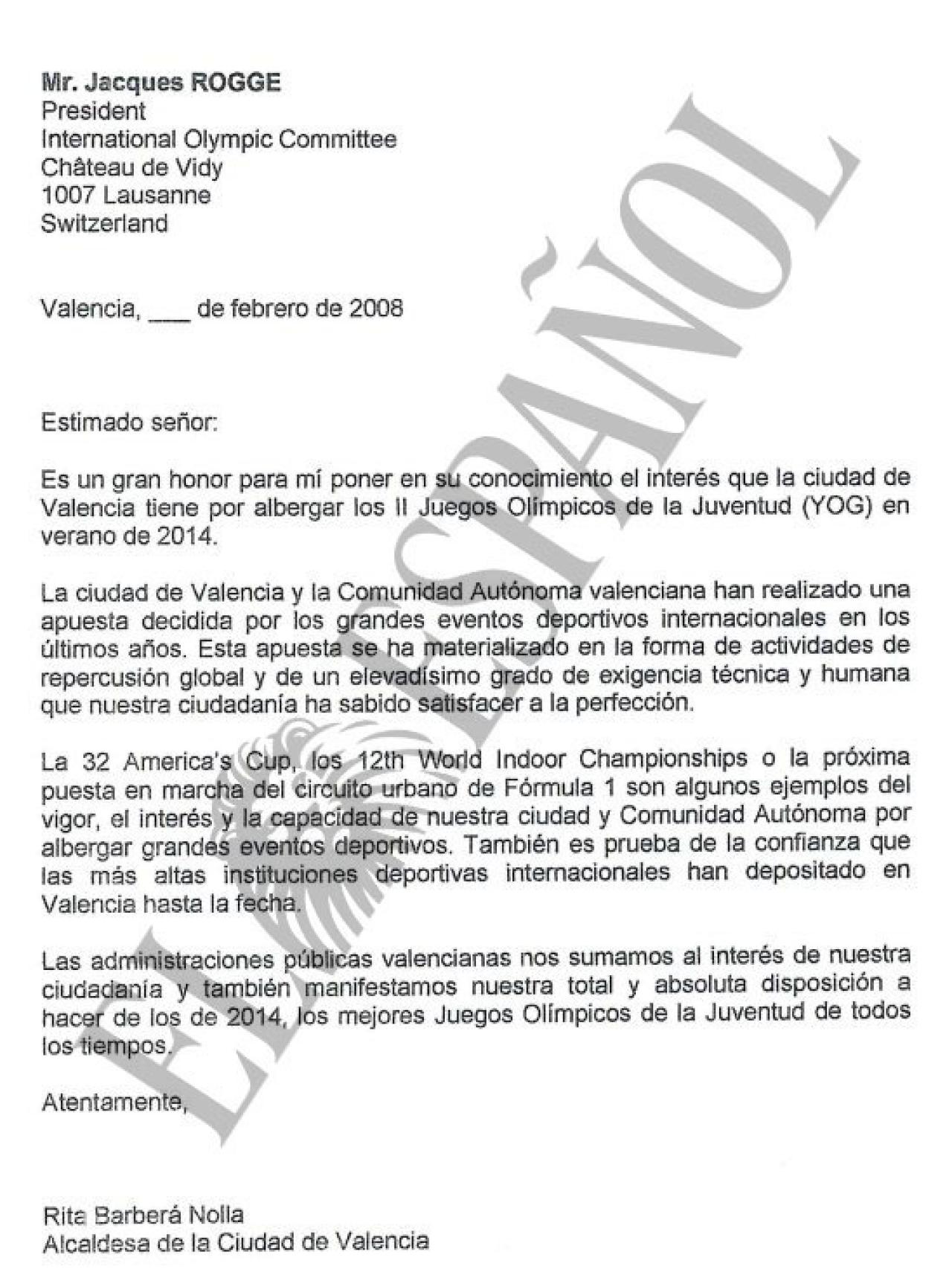 Carta a Jacques Rogge firmada por Rita Barberá.