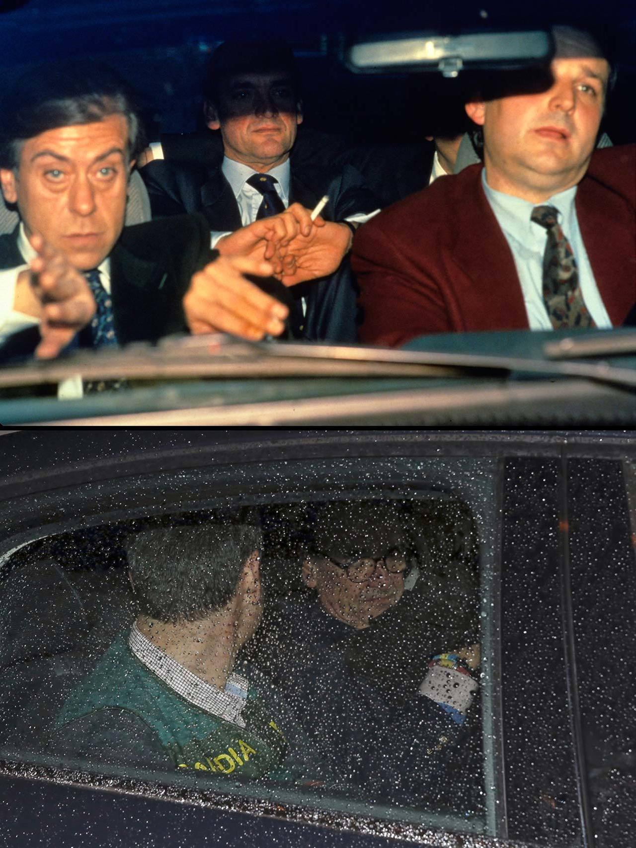 Mario Conde en diciembre de 1994 camino de prisión y tras su detención el lunes.