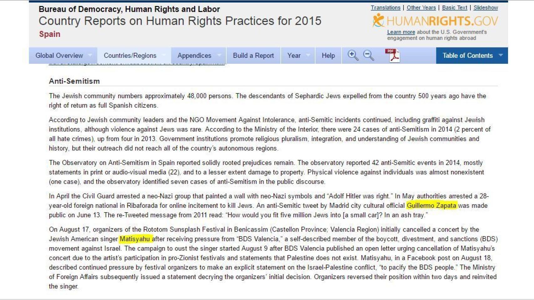 Los casos de Zapata y Matisyahu, destacados como amenazas a los DDHH por EEUU.