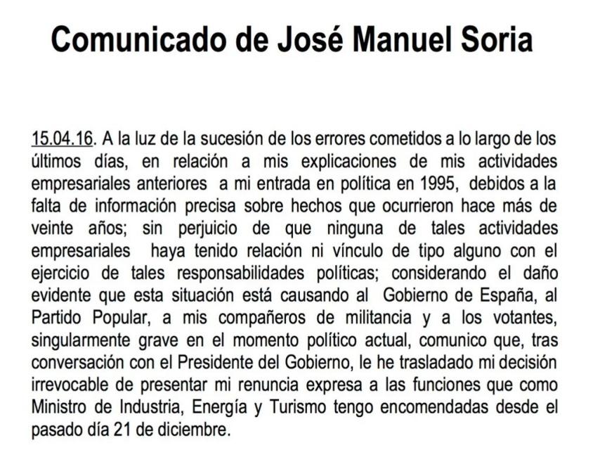 Comunicado de José Manuel Soria.